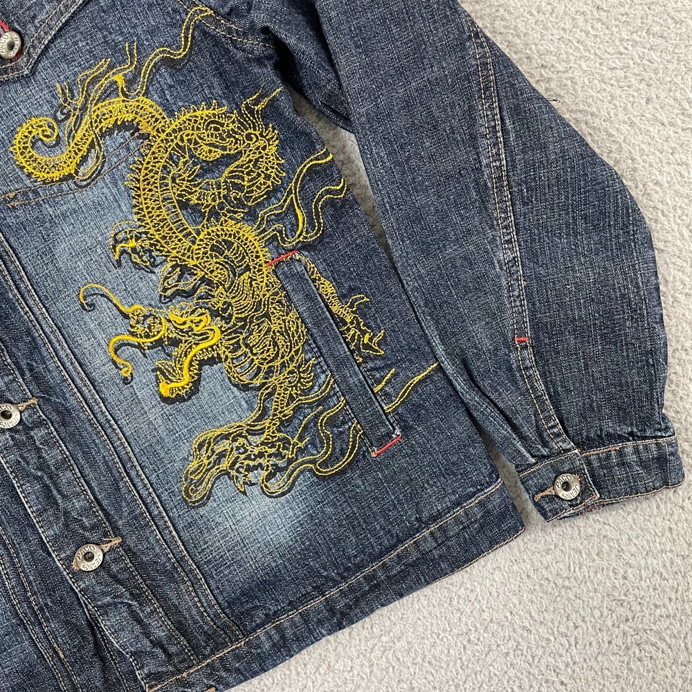 Paco Jeans Dragon Embroidered Demim Jacket Women L Dark Wash Y2K - Picture 3 of 11